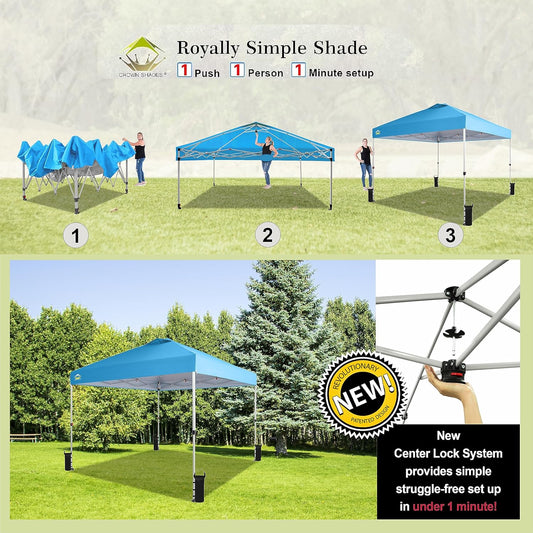 Crown Shades 10x10 Pop Up Canopy - Beach Tent with One Push Setup - Outdoor Sun Shade for Events, Parties, Camping - Gazebo with STO-N-Go Cover Bag, Silver Coated Top, 3 Height& 4 Sand Bags, Sky Blue