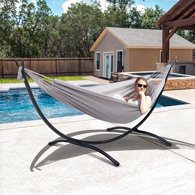SUNCREAT Stand Alone Hammocks for Outside, 2 Person Self Standing Hammock, Light Gray