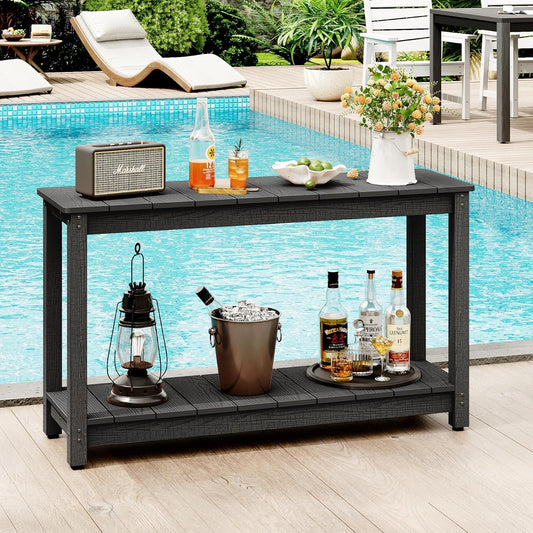 Outdoor Console Table, 48" Weather Resistant HIPS Patio Side Table, 440LBS Weight Capacity, 2-Tier Multifunctional Buffet Bar Storage Organizer for Garden Deck, Black
