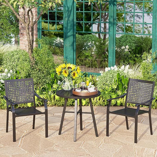 PHI VILLA 3 Piece Outdoor Patio Bistro Dining Set, Slatted Metal Round Table & 2 Stacking Iron Chairs, Outdoor Furniture Set for Porch, Deck, Balcony