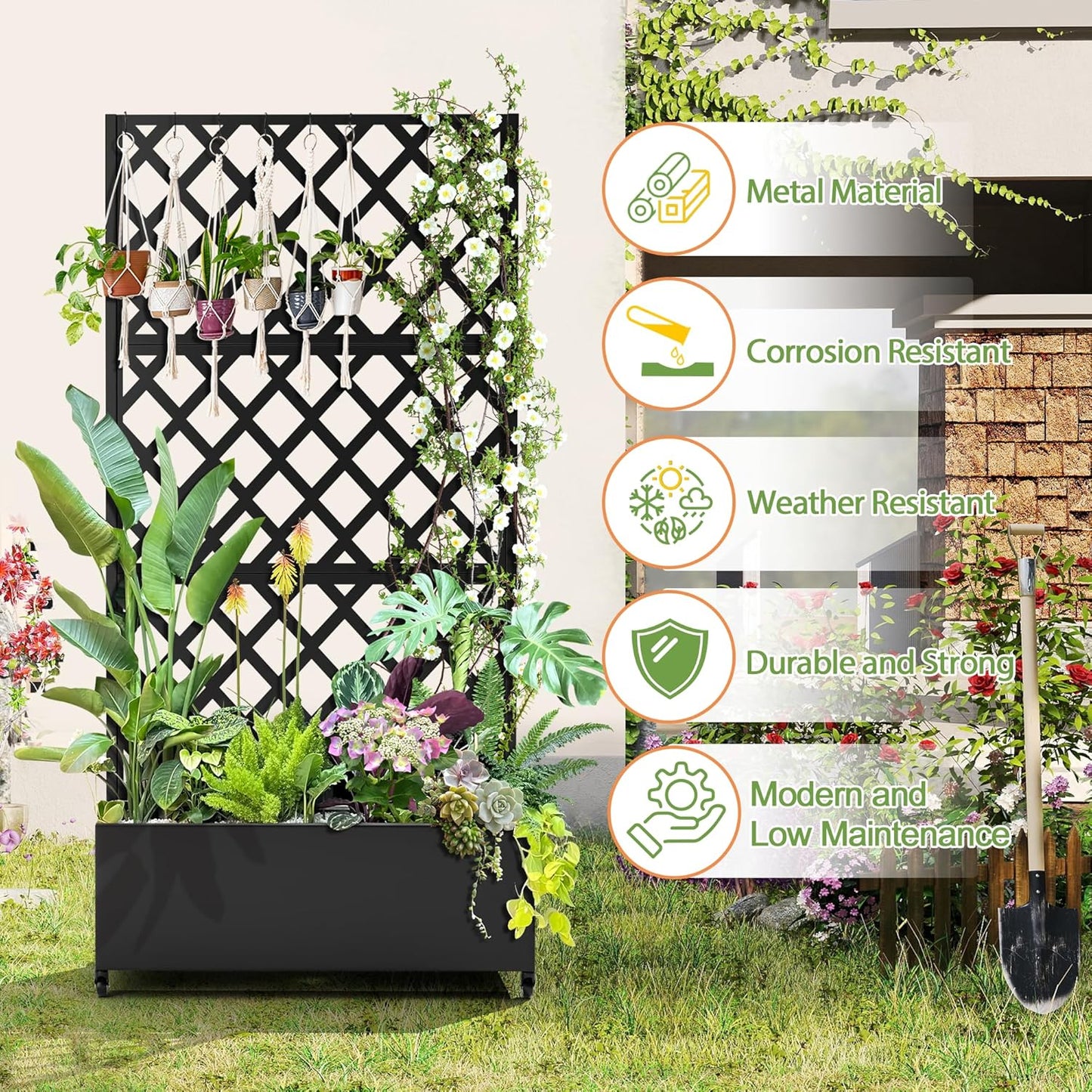 Metal Planter Trellis Box with Wheels & Drain Plug Outdoor Raised Garden Bed Patio Privacy Screen with Planter for Climbing Plants, Vegetables 73"x35"x16" Black-Diamond