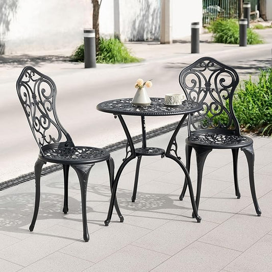 NUU GARDEN 3-Piece Outdoor Bistro Set with 2 Chairs and Round Table with Umbrella Hole, All-Weather Patio Set for Garden, Porch, Lawn, Poolside, Black