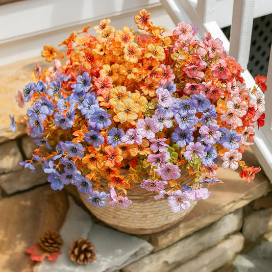 Artificial Fall Flowers Faux Mums for Outdoor Indoor Garden Home Decoration, Faux Flower Daisy with Eucalyptus Leaves Fake Plants Greenery Boxwood Porch Patio, 12 Bundles (6 Fall Multicolor)