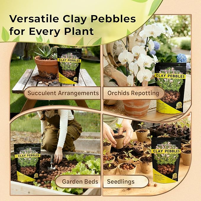 Professional Clay Pebbles | Expanded for Seedlings, Root Cuttings, Hydroponics, Plants | Lightweight Soil Additive | Large 2.2 Quarts | Made in USA