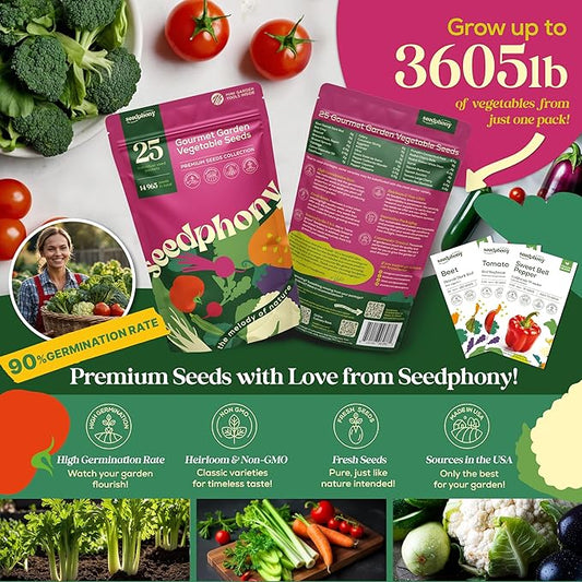 25 Gourmet Garden Vegetable Seeds Variety Pack - 14,965+ Non-GMO Heirloom Vegetables Seeds for Planting Indoor&Outdoor Home Garden Seeds - Gardening Seed Packets for Planting Vegetable Seeds