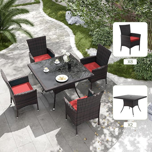 Kurapika 10-Piece Patio Furniture Outdoor Dining Set, Wicker Rattan Patio Dining Table and Chairs Set, Square Tempered Glass Tabletop with Umbrella Hole and 8 Chair Set, Red