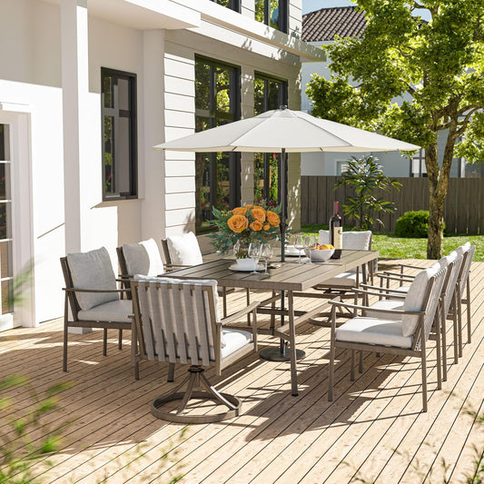 HAPPATIO Patio Table for 8, Large Modern Rectangle Outdoor Dining Table with Umbrella Hole and Adjustable Feet, All Weather Aluminum Patio Table for Garden, Backyard and Poolside, Grey