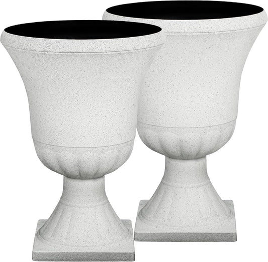 22" H Urn Tall Planters, 2-Pack Large Flower Pots for Indoor Outdoor Use, Elegant White Terrazzo Weather-Resistant Pot Containers for Garden Patio Yard Balcony Entryway or Home Décor, KD Base