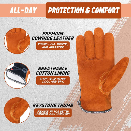 HLDD HANDLANDY Leather Work Gloves for Men & Women, Adjustable Wrist Cowhide Gardening Glove with Reinforced Palm for Driver