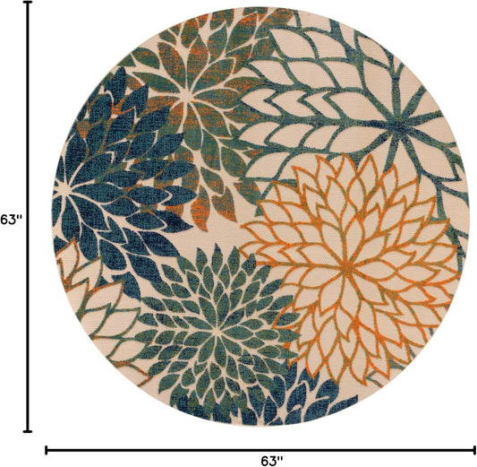 Nourison Home Aloha Tropical Blue Green 5'3" x Round Area -rug, Easy -cleaning, Non Shedding, Bed Room, Living Room, Dining Room, Kitchen (5 Round)