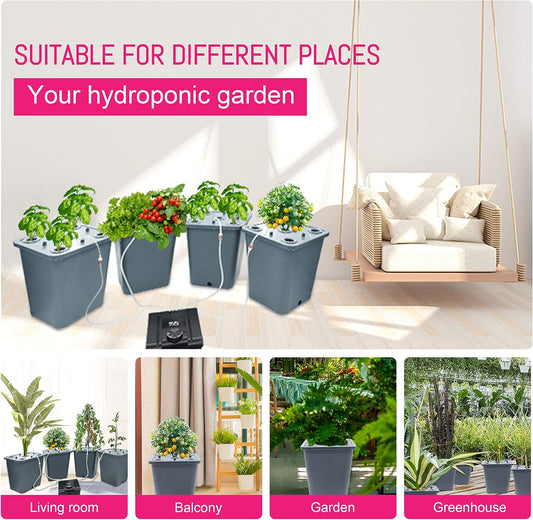 4 Hydroponic Buckets Kit for Plants, Hydroponics Growing System for Herbs/Tomato/Vegetables, DWC System with Air Pump & Germination Tray (Complete Indoor Hydroponic Gardening Supplies)