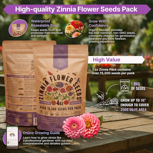 Zinnia Seeds Pack 4 oz - Over 15,300 Non-GMO Heirloom Zinnia Seeds for Planting, Annual Flowers in Individual Seed Packet for Planting Home Garden Indoor & Outdoor Gardening