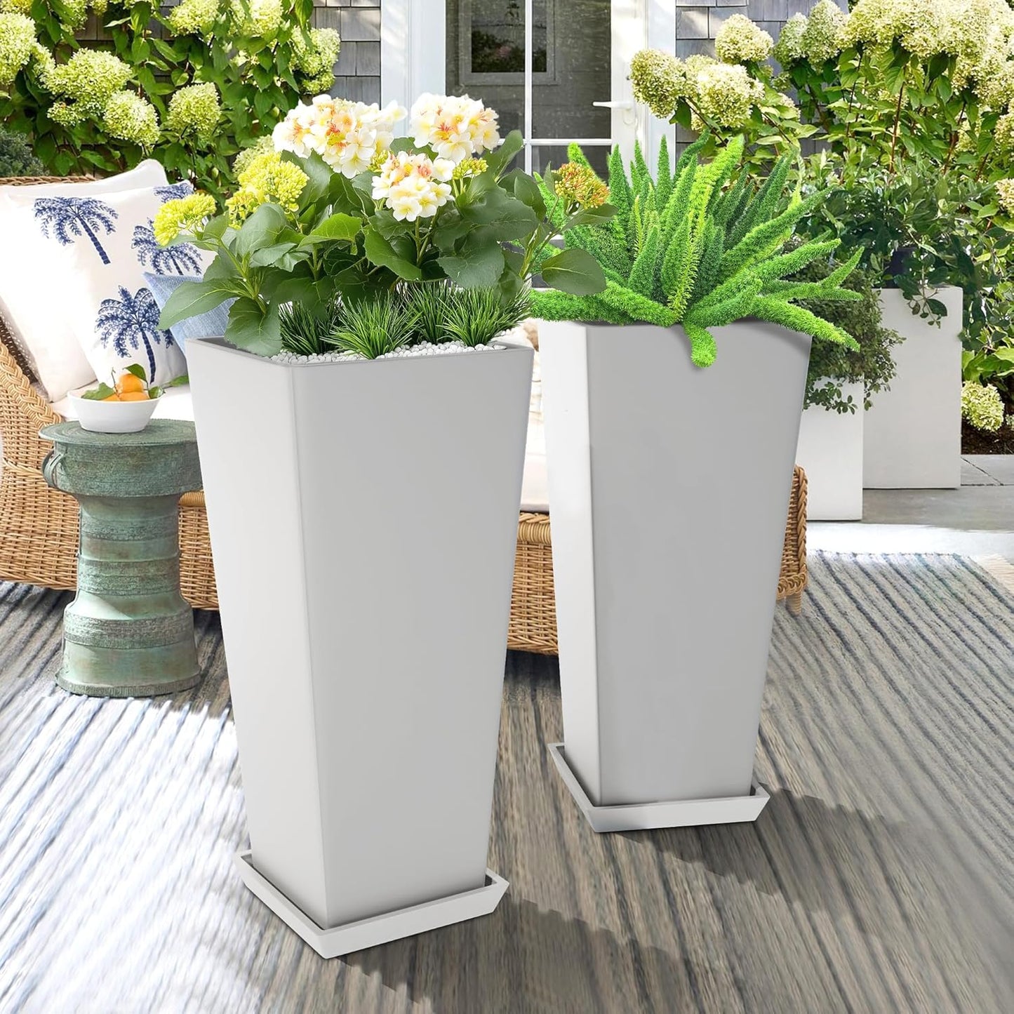 Set of 2 Tall Planters, 24" Large Indoor Outdoor Flower Pots with Tray, Modern Tapered Planters for Porch, Patio, Garden, Backyard(White)