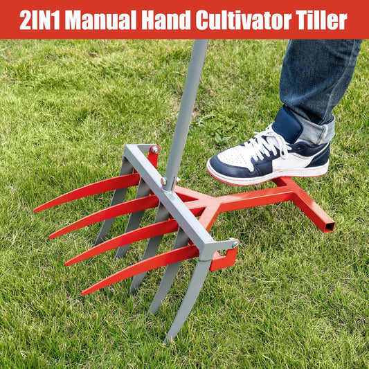 2-in-1 Broad Fork Garden Tool, Manual Hand Cultivator & Tiller, Heavy Duty Twist Tiller with 5+4 Steel Tines, Pitchfork for Soil Loosening, Digging, and Lawn Aeration