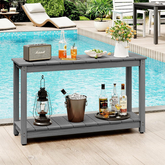 Outdoor Console Table, 48" Weather Resistant HIPS Patio Side Table, 440LBS Weight Capacity, 2-Tier Multifunctional Buffet Bar Storage Organizer for Garden Deck, Gray