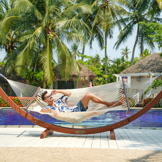 Lazy Daze Hammocks 10.5 FT Double 2 Person Caribbean Rope Hammock, Hand Woven Polyester Hammock with Spreader Bars, for Outside Outdoor Backyard Patio Poolside,450 LBS Capacity, Cream