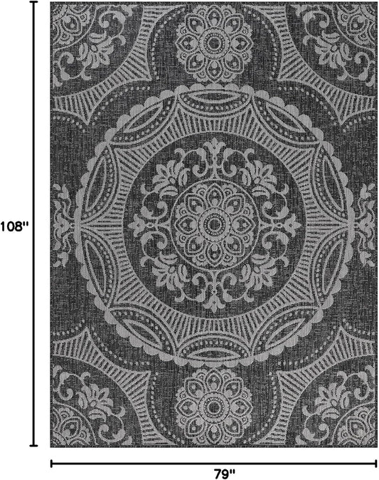 Medallion Outdoor Rug 6x9 Washable Outside Carpet for Indoor Patio Porch Waterproof Easy Cleaning Non Shedding Area Rugs Dark Gray 6 x 9