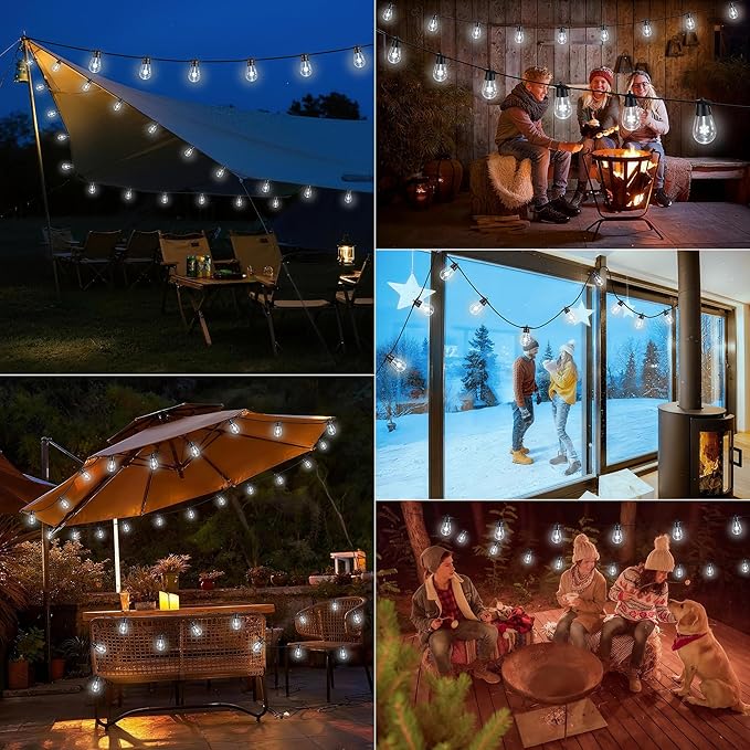 LED Christmas Lights, 50FT Patio Lights with 16Pcs Shatterproof S14 Bulb(1 Spare), 4 Lighting Mode, Connectable, Waterproof White Edison Plastic Bulb Hanging Light for Yard Gazebo Porch Décor