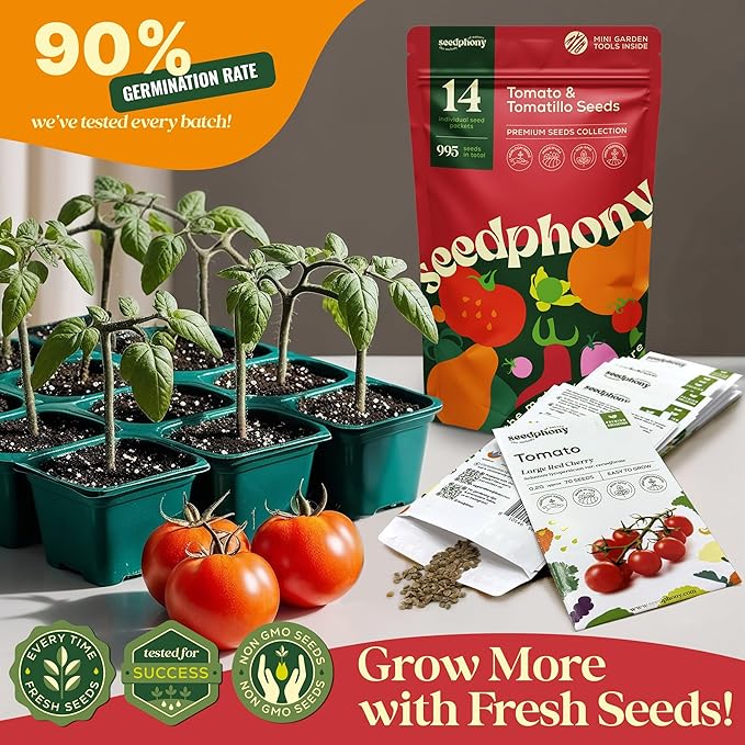 14 Tomatillo & Tomato Seeds for Planting Variety Pack - 990+ Non-GMO Heirloom Vegetable Seeds for Growing Tomato Indoor & Outdoor: Cape Gooseberry, Cherry, Flame, Roma, Beefsteak Tomatoes