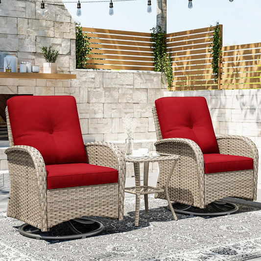 Joyside Outdoor Swivel Rocker Chairs, 3 Piece Wicker Patio Set with Thick Cushion and Side Table, Rattan Patio Swivel Rocking Chairs for Porch, Deck Use (Natural/Red, 3 PCS)