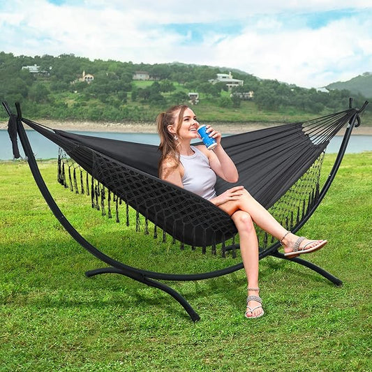 SUNCREAT Portable Outdoor Hammock with Stand Included, Double Hammock with Tassel for Outside, Dark Gray