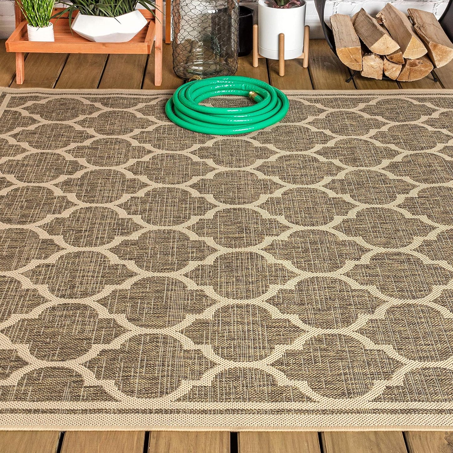 Eyely BMS109A-4 Santa Monica Trebol Moroccan Trellis Textured Weave Indoor/Outdoor Area Rug Coastal;Bohemian, Bedroom, Backyard, Patio, Easy-Cleaning, Non-Shedding, 4 X 6, Brown/Beige