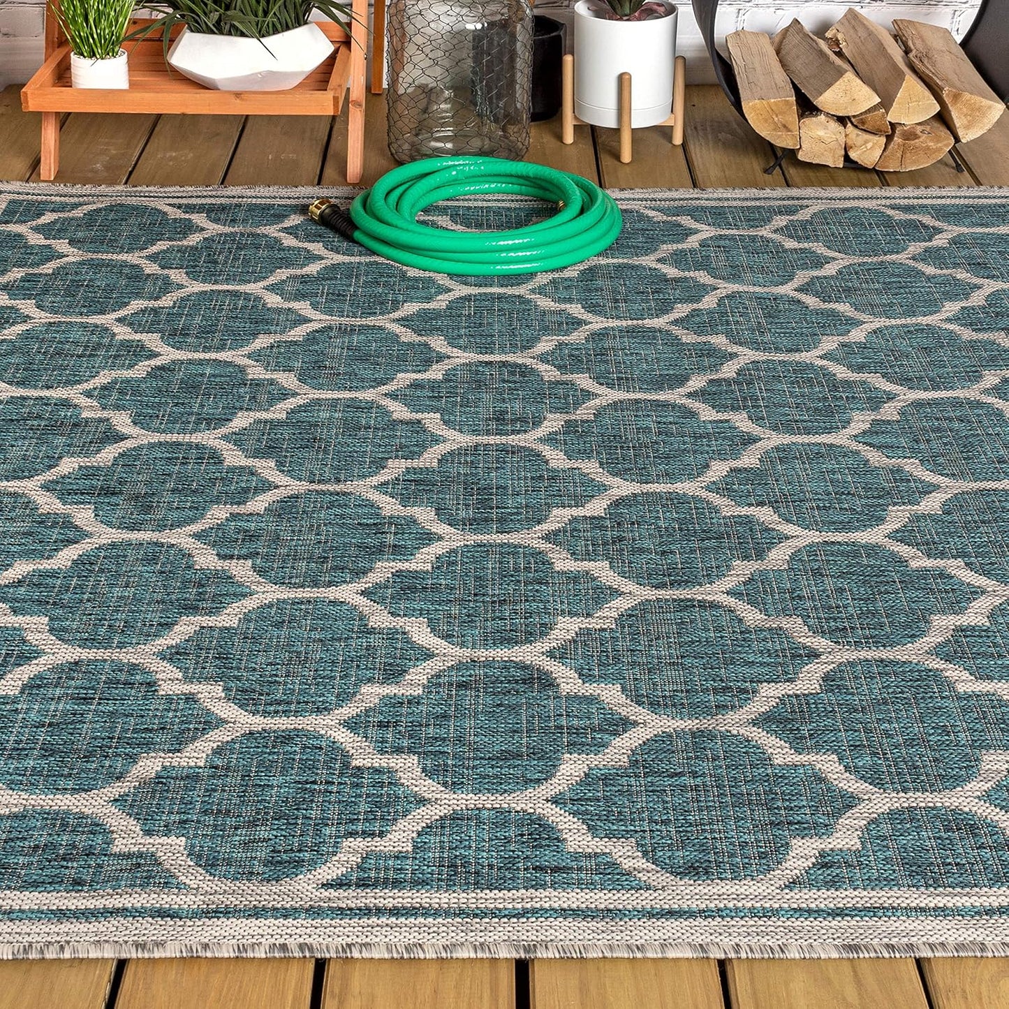 Eyely BMS109E-9 Santa Monica Trebol Moroccan Trellis Textured Weave Indoor/Outdoor Area Rug Coastal;Bohemian, Bedroom, Backyard, Patio, Easy-Cleaning, Non-Shedding, 9 X 12, Teal/Gray