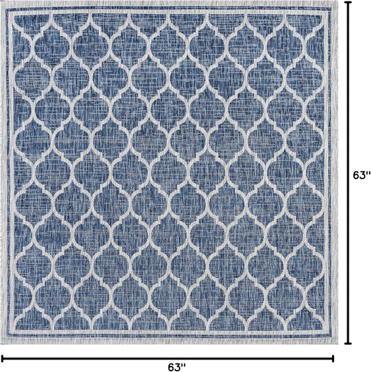 Eyely BMS109D-5SQ Santa Monica Trebol Moroccan Trellis Textured Weave Indoor/Outdoor Area Rug Coastal;Bohemian, Bedroom, Backyard, Patio, Easy-Cleaning, Non-Shedding, 5' Square, Navy/Gray