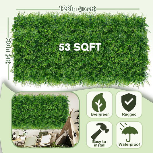 Greenery Faux Grass Wall Backdrop 60"x128" (53.5 SQFT) UV-Anti Artificial Green Boxwood Panel for Patio Balcony Privacy & Ivy Fence Covering Privacy, Garden, Backyard Wall Backdrop Decor