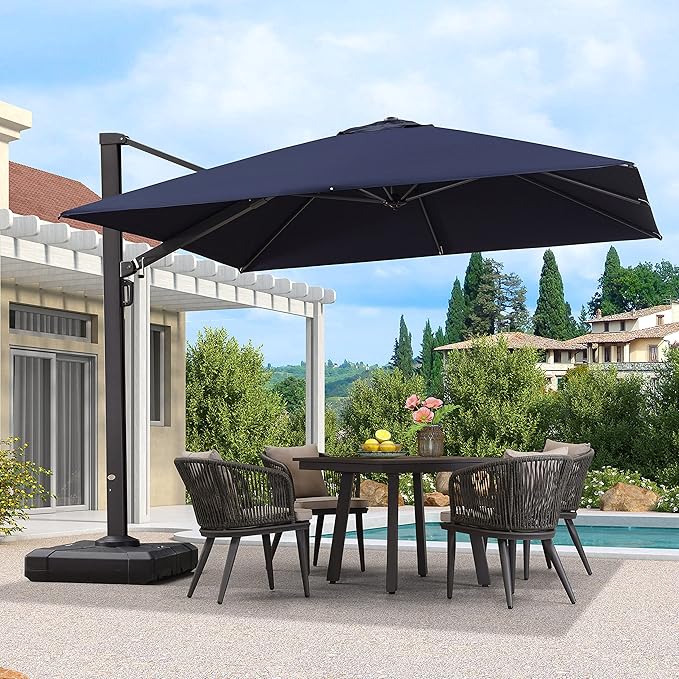PURPLE LEAF 10 FT Square Patio Umbrella Large Outdoor Aluminum Offset Umbrella with 360-degree Rotation Cantilever Umbrella for Garden Deck Backyard Pool, Navy Blue