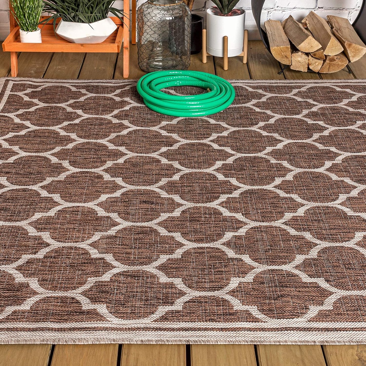 Eyely BMS109B-8 Santa Monica Trebol Moroccan Trellis Textured Weave Indoor/Outdoor Area Rug Coastal;Bohemian, Bedroom, Backyard, Patio, Easy-Cleaning, Non-Shedding, 8 X 10, Espresso/Taupe