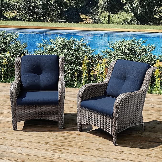 Joyside Outdoor Wicker Chair Rattan Patio Dining Chairs Set of 2 PE Wicker Patio Chairs with 4inch Seat Cushions Outdoor Patio Seating Chair for Garden, Backyard Deck(Mixed Grey/Blue)