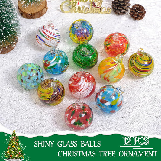 Christmas & Halloween Glass Ball Ornaments (Set of 12), 2.4" Crystal Hand Blown Decor, 2025 Holiday Hanging Baubles Witch Balls for Xmas Tree, Wreath, Garland, Home Decor