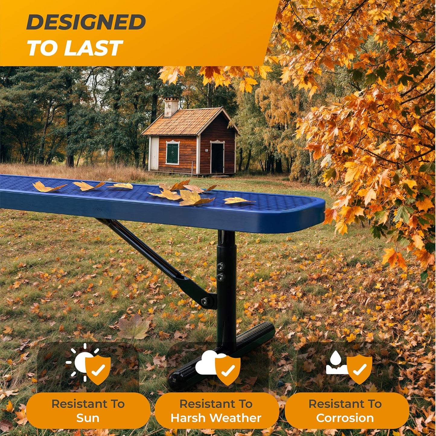 Heavy-Duty Outdoor Metal Bench, Thermoplastic-Coated, Portable, Weatherproof, Commercial-Grade for Parks, Gardens, Patios, Stores & More (8 Ft - Portable, Blue)