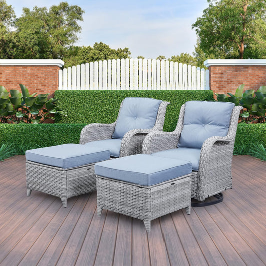 Wicker Outdoor Furniture Patio Furniture Set - 6 Piece Patio Conversation Set with Swivel Rocker Chairs, Loveseat Sofa, Ottomans and Coffee Table, Baby Blue Cushion