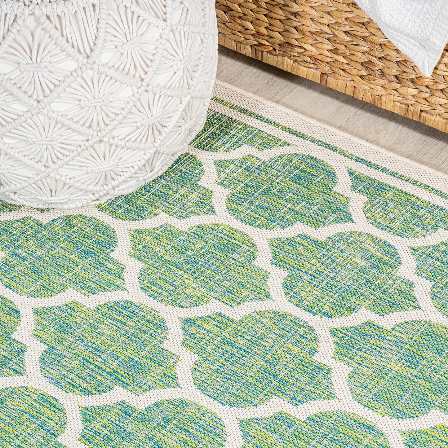 Eyely BMS109I-210 Santa Monica Trebol Moroccan Trellis Textured Weave Indoor/Outdoor Runner Rug Coastal;Bohemian, Bedroom, Backyard, Patio, Easy-Cleaning, Non-Shedding, 2 X 10, Cream/Green
