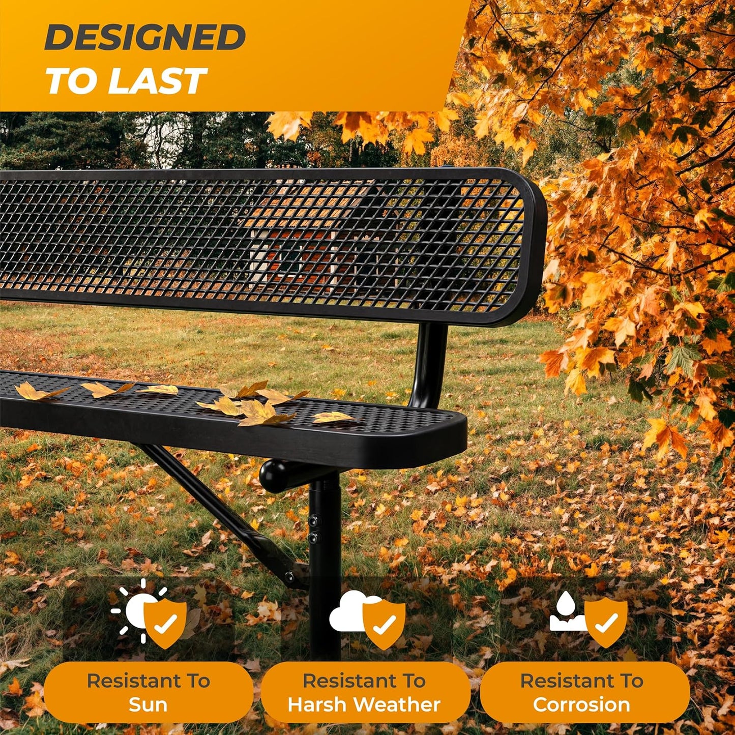 Heavy-Duty Outdoor Metal Bench, Thermoplastic-Coated, Inground, Weatherproof, Commercial-Grade for Parks, Gardens, Patios, Stores & More (8 Ft - Inground with Back, Black)