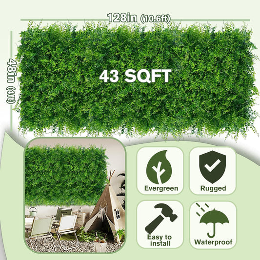 Greenery Faux Grass Wall Backdrop: 48"x128" (43 SQFT) UV-Anti Artificial Green Boxwood Panel for Patio Balcony Privacy & Ivy Fence Covering Privacy, Garden, Backyard Wall Backdrop Decor