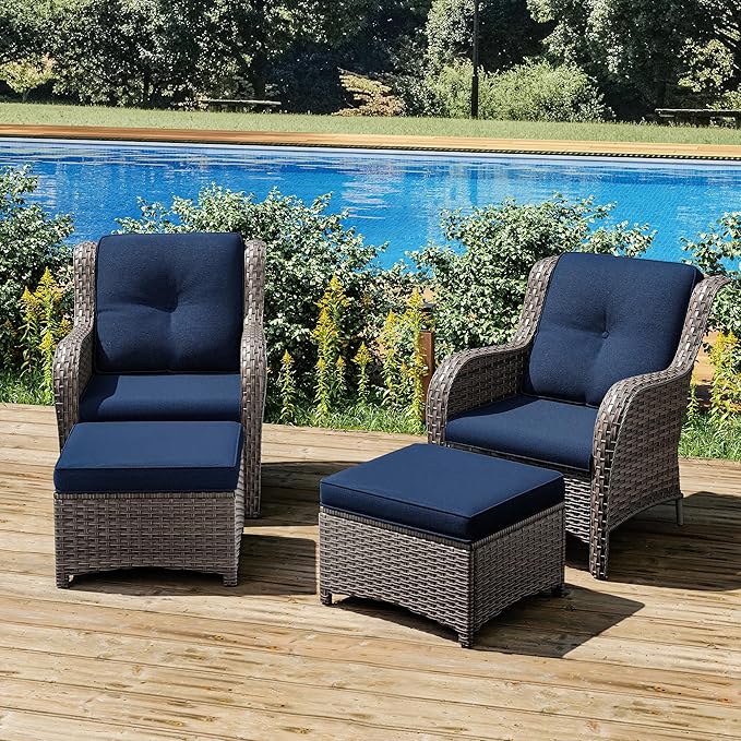 Joyside 4 Pieces Outdoor Patio Furniture Set Wicker Conversation Bistro Set 2 PE Wicker Patio with 2pcs Ottomans for Backyard, Porch, Balcony(Mixed Grey/Blue)