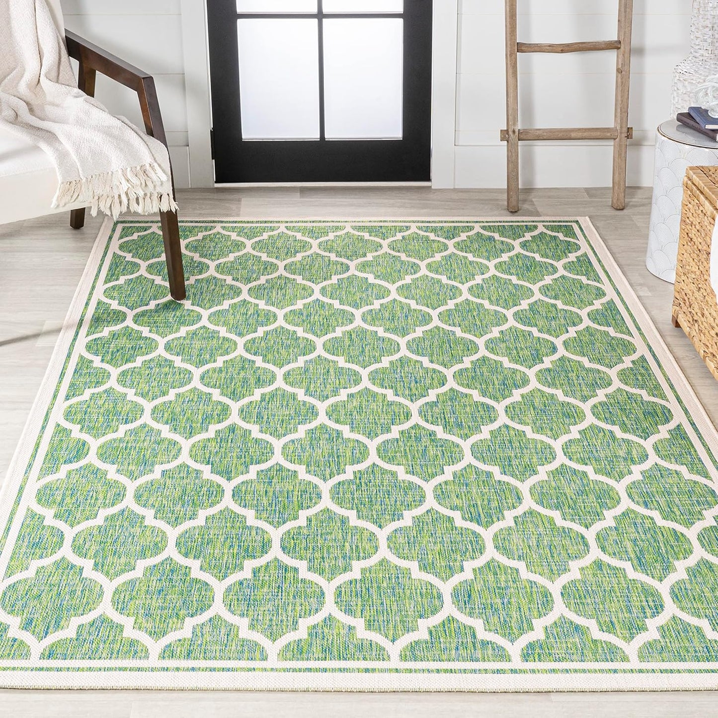 Eyely BMS109I-3 Santa Monica Trebol Moroccan Trellis Textured Weave Indoor/Outdoor Area Rug Coastal;Bohemian, Bedroom, Backyard, Patio, Easy-Cleaning, Non-Shedding, 3 X 5, Cream/Green