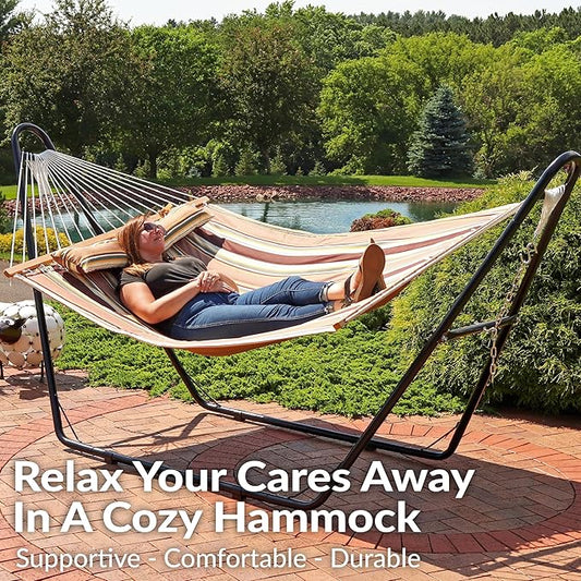 Sunnydaze Double Quilted Fabric Hammock with Universal Steel Stand - 450-Pound Capacity - Black Stand - Sandy Beach