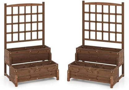 HAPPYGRILL Raised Garden Bed with Trellis, Drainage Holes, 2-Tier Wooden Elevated Planter Box w/Legs for Climbing Plants Vine Flower Herb Vegetable Fruit, Outdoor Garden Box for Patio Balcony (2)