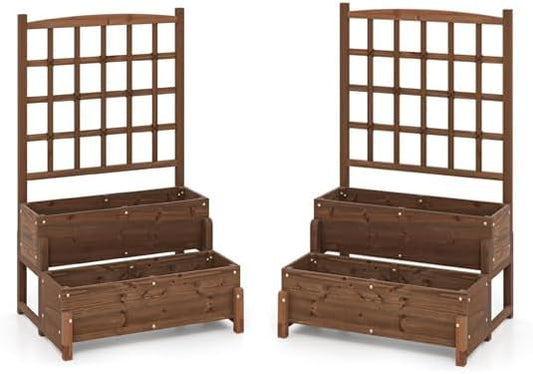 HAPPYGRILL Raised Garden Bed with Trellis, Drainage Holes, 2-Tier Wooden Elevated Planter Box w/Legs for Climbing Plants Vine Flower Herb Vegetable Fruit, Outdoor Garden Box for Patio Balcony (2)