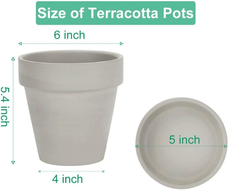 vensovo 6 Inch Grey Terracotta & Clay Pots for Plant with Saucer - 4 Pack Medium Terra Cotta Planter with Drainage Hole, Flowerpot for Indoor Outdoor Plants, Crafts, Wedding Favor