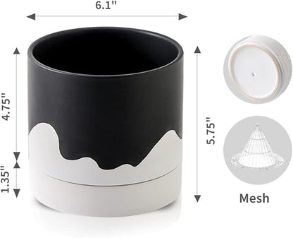 Nihow Ceramic Plant Pot: 6 Inch Planter with Drainage Hole & Saucer for Indoor & Outdoor Plants - Cylinder Round Flower Pot for Succulent/Herbs/Violets - Black & Wave White