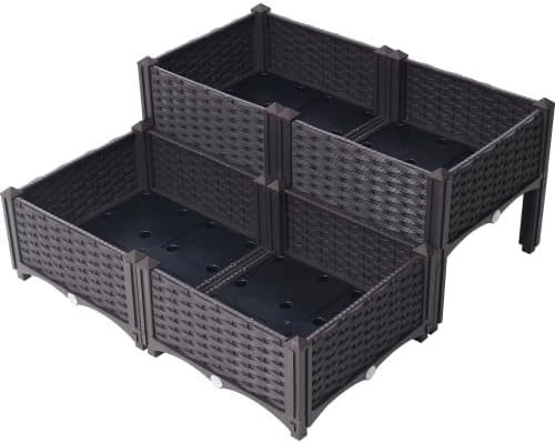 LuckyNote】4 Piece Raised Garden Bed with Legs, Self-Watering Planter Box Raised Bed to Grow Flowers, Herbs & Vegetables, Brown