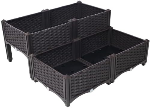 LuckyNote】4 Piece Raised Garden Bed with Legs, Self-Watering Planter Box Raised Bed to Grow Flowers, Herbs & Vegetables, Brown