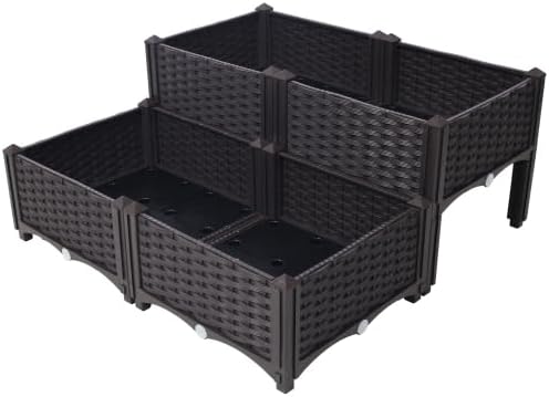 LuckyNote】4 Piece Raised Garden Bed with Legs, Self-Watering Planter Box Raised Bed to Grow Flowers, Herbs & Vegetables, Brown