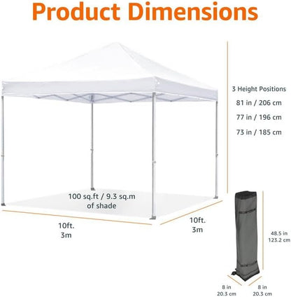 Amazon Basics Outdoor Pop Up 10 x 10 Canopy Tent for Events, Portable with Easy Setup, One-Push, Includes Wheeled Carry Bag, 8 Pegs, 4 Ropes, 4 Weighted Bags, White