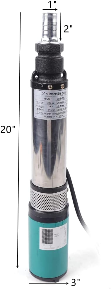 Deep Well Submersible Pump DC 24V 320W Electric Solar Powered Water Pump, 22 GPM Flow, 82ft Lift, Farm Ranch Irrigation Submersible Bore Hole Deep Well Pump 5000 RPM